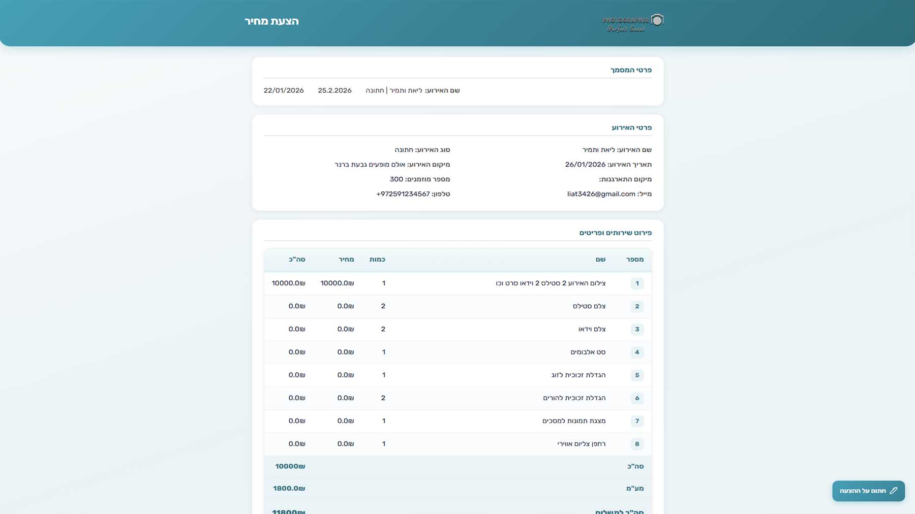 הצעת מחיר מקצועית שנשלחה ללקוח